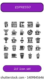 espresso icon set. 25 filled espresso icons.  Simple modern icons about  - Coffee cup, Coffee shop, Coffee machine, maker, Cup, Break, Tea, Latte, French press