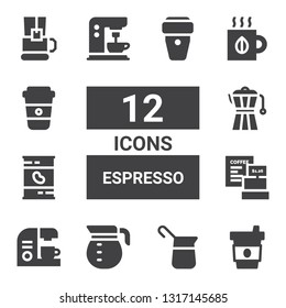 espresso icon set. Collection of 12 filled espresso icons included Coffee, Coffee pot, Coffee maker, Beans, machine, Tea, Tea cup, cup