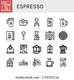 espresso icon set. Collection of Coffee maker, Coffee cup, Teapot, Barista, Cold coffee, mug, beans, Portafilter, grinder, Break, Beans, Cupping, French press icons