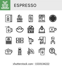 espresso icon set. Collection of Herbal tea, Coffee beans, Donut shop, Cold coffee, Coffee maker, mug, Bean bag, shop, Cupping, cup, Beans, Instant icons