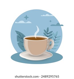 Espresso illustration. Coffee, cup, steam, saucer. Editable vector graphic design.