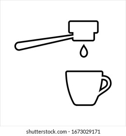 Espresso line icon. Portafilter, pouring strong coffee and espresso cup. Vector Illustration