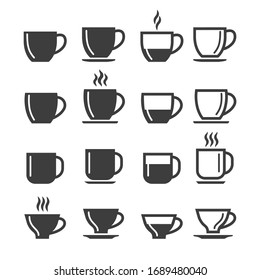 Espresso and lungo coffee cup icons. Coffee cups silhouettes vector images isolated on white background, tasty espresso and filter, boiled and caffeine-free steaming mugs