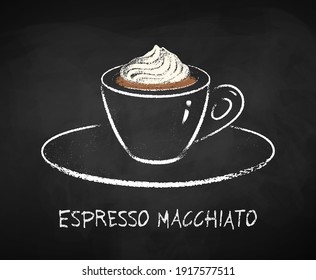 Espresso macchiato coffee cup isolated on black chalkboard background. Vector chalk drawn sideview grunge illustration.