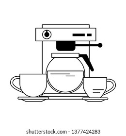 Espresso machine with coffee pot with cups in black and white