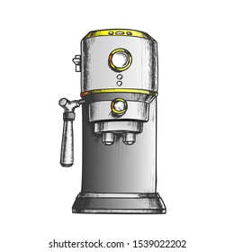 Espresso Machine Front View Color Vector. Stylish Electronic Coffee Machine. Domestic Technology For Make Hot Drink Engraving Template Designed In Vintage Style Illustration