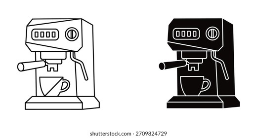 Icono de la máquina de café espresso línea de arte y silueta sólida