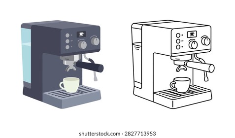 Espresso machine illustration with colored and line art versions on white background