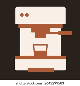 Máquina de café expresso com filtro portafilter e copo de vidro. Ilustração de ícone de vetor plano em plano de fundo escuro. Aparelho de cozinha e conceito de preparação de café.