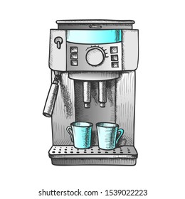 Espresso Machine With Two Cups Color Vector. Coffee Machine For Brewing Aroma Hot Beverage. Coffeeshop Tool Engraving Concept Template Hand Drawn In Vintage Style Illustration