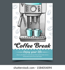 Espresso Machine With Two Cups Drawn Poster Vector. Coffee Machine For Brewing Aroma Hot Beverage Advertising Banner. Coffeeshop Tool Concept Template Designed In Vintage Style Colored Illustration