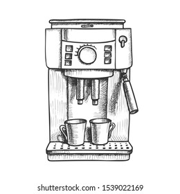 Espresso Machine With Two Cups Monochrome Vector. Coffee Machine For Brewing Aroma Hot Beverage. Coffeeshop Tool Engraving Concept Template Hand Drawn In Vintage Style Black And White Illustration
