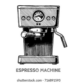 Espresso Machine In Vintage Engraved Style. Isolated On White.