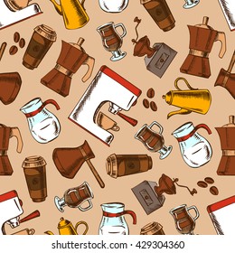 Espresso machines, vintage coffee pots and grinders, glass jugs of milk and cups of macchiato, takeaway paper cups of cappuccino and roasted coffee beans seamless pattern on brown background