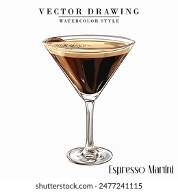 Espresso Martini alcoholic cocktail vector vintage watercolor style