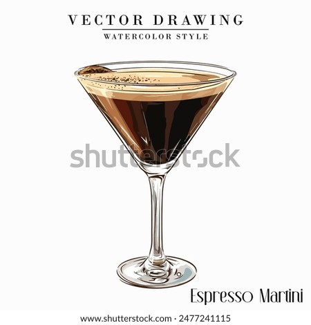 Espresso Martini alcoholic cocktail vector vintage watercolor style