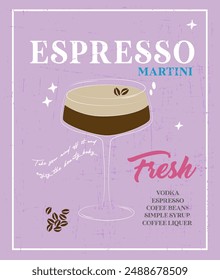 Espresso Martini Kalligraphie Slogan mit einem Glas Espresso Martini und Kaffeebohnen handgezeichnete Vektorillustration