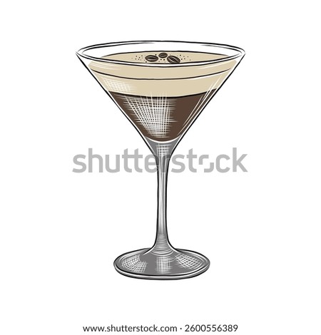 Espresso Martini cocktail in a classic martini glass with coffee bean garnish. Hand-drawn vintage illustration of a coffee-flavored cocktail.
