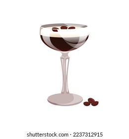 Espresso martini cocktail with coffee beans.Alcoholic coffee cocktail.Vector illustration.