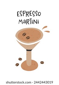 Espresso martini. Cocktail consisting of coffee liquor, vodka and coffee. Flat cartoon vector illustration with decorative elements