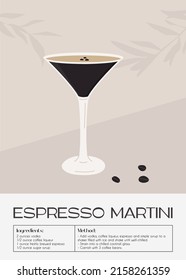 Cóctel Espresso Martini en vidrio con granos de café. Impresión retro de la receta de aperitivos de verano. Afiche artístico mural con bebida alcohólica adornado con sombras de café y ramas de árbol en el fondo. Vector