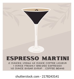 Espresso Martini Cocktail in glass garnished with coffee beans. Retro print with recipe of aperitif. Wall art poster with alcoholic beverage and tree branch shadows on background. Vector illustration.