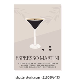 Espresso Martini Cocktail in glass garnished with coffee beans. Retro print with recipe of aperitif. Wall art poster with alcoholic beverage and tree branch shadows on background. Vector illustration.