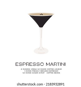Espresso Martini Cocktail in martini glass garnished with coffee beans. Minimalistic print with recipe of aperitif. Wall art poster with alcoholic beverage on white background. Vector illustration.