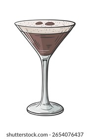 Espresso martini cocktail hand drawn isolated on white background. Vintage sketch of alcoholic drink glass. Colorful party cocktail. Vector illustration