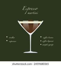 Espresso Martini Cocktail isoliert auf Kaffeebohnen Hintergrund. Retro-Party, Vektorillustration, neue Getränkekarte.