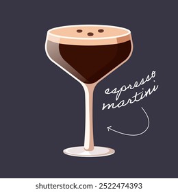 Espresso martini cocktail isolated on black background. Vector illustration of trendy alcohol drink in high glass