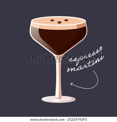 Espresso martini cocktail isolated on black background. Vector illustration of trendy alcohol drink in high glass