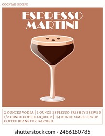 Espresso martini cocktail on the beige background. Vector illustration of modern alcoholic drink. Cocktail recipe poster