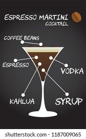 Espresso Martini Cocktail recipe Illustration in vector with coffee beans.