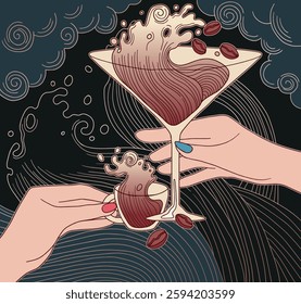 espresso martini and a cup of espresso in hands, the backdrop of sunset and ocean waves, pop art style, hand-drawn, detailed	