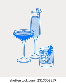 Espresso martini, mimosa, and gin tonic. Line art, retro. Vector illustration for bars, cafes, and restaurants.