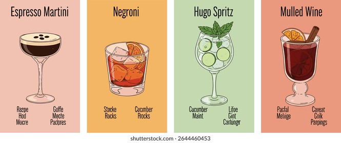 Espresso Martini, Negroni, Hugo Spritz, and Mulled Wine cocktails illustrated in watercolor style with ingredients. Set of four classic drink recipes on pastel backgrounds. 