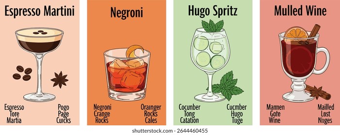 Os cocktails Espresso Martini, Negroni, Hugo Spritz e Mulled Wine são ilustrados em estilo aquarela com ingredientes. Conjunto de quatro receitas de bebida clássicas em fundos pastel. 
