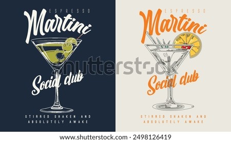 Espresso Martini Social Club Vintage Summer Cocktail T shirt Design, Cocktails retro poster vector, Party poster design. Drinks, Cocktails, Typography. Vintage pencil sketch. Engraving style. Labels