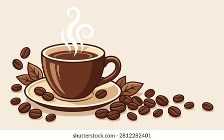 Espresso mug on saucer, steaming morning beverage, brown beans and green leaves composition, aromatic drink background.