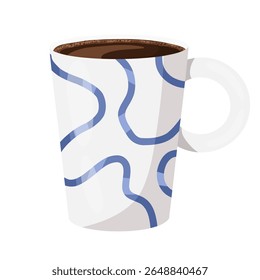 Espresso in pale ceramic mug with subtle blue decor. Hand drawn vector with detailing, soft shadows and warm drink color inside a small rounded form
