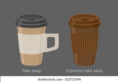 Espresso in paper cups with plastic lid and handle flat vector. Sweet invigorating drink with caffeine. Tasty coffee in take away disposable containers illustration for coffee house, cafe menus design