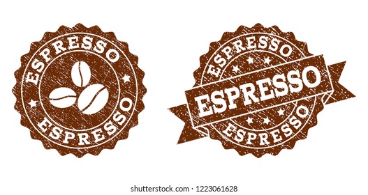 Espresso rubber stamps. Vector seals in chocolate color with round, ribbon, rosette, coffee bean elements. Grainy design and dirty texture are used for Espresso rubber imprints.