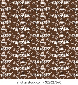 Espresso. Seamless pattern with hand-drawn calligraphy with coffee drink naming, cup and beans. Doodle drawing. Vector illustration. 