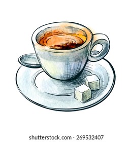 Espresso servierte in einer kleinen Tasse mit 2 Stücken Zucker auf einer Untertasse. Zeichentrickskizze mit Aquarellfarben und Zeilenzeichnung in separaten Schichten einzeln auf weißem Hintergrund. EPS10 Vektorgrafik.