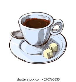 Espresso served in a small cup with 2 lumps of sugar on a saucer. Outline sketch with color and shading in separate layers isolated on white background. EPS10 vector illustration.