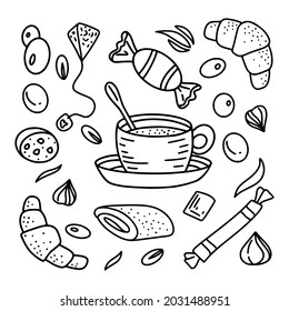 Espresso in handgezeichnet Stil, Tee, Kaffee, Macchiato in verschiedenen Formen und Formen in schwarz-weißer Farbe einzeln auf weißem Hintergrund. Vektorgrafik.
