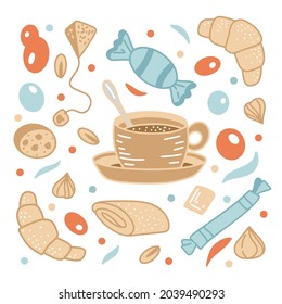 Espresso decorado con un estilo dibujado a mano, té, café, macchiato de diferentes formas y formas en colores otoñales aislados en fondo blanco. Ilustración vectorial.
