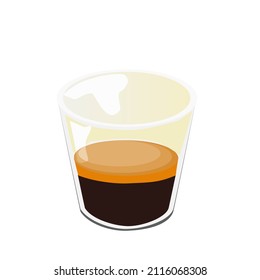 Espresso shot in a clear glass.Coffee is dark brown. and golden yellow crema.Isolated vector illustration on a white background.Can be used for logo, icon, restaurant menu, packaging, and graphic.