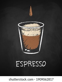 Espresso shot coffee cup isolated on black chalkboard background. Vector chalk drawn sideview grunge illustration.